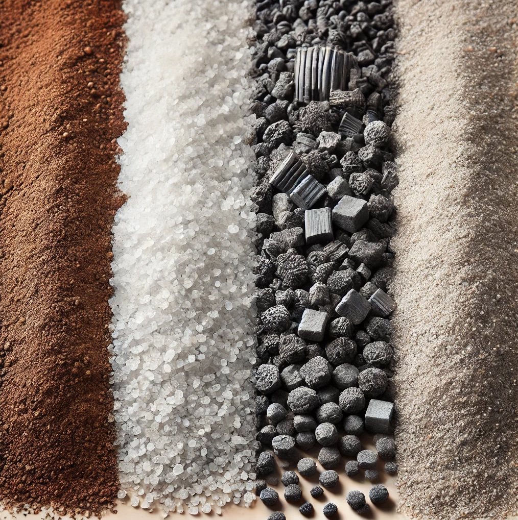 Eisenpulver, Salz, Aktivkohle, Wasser, Vermiculit